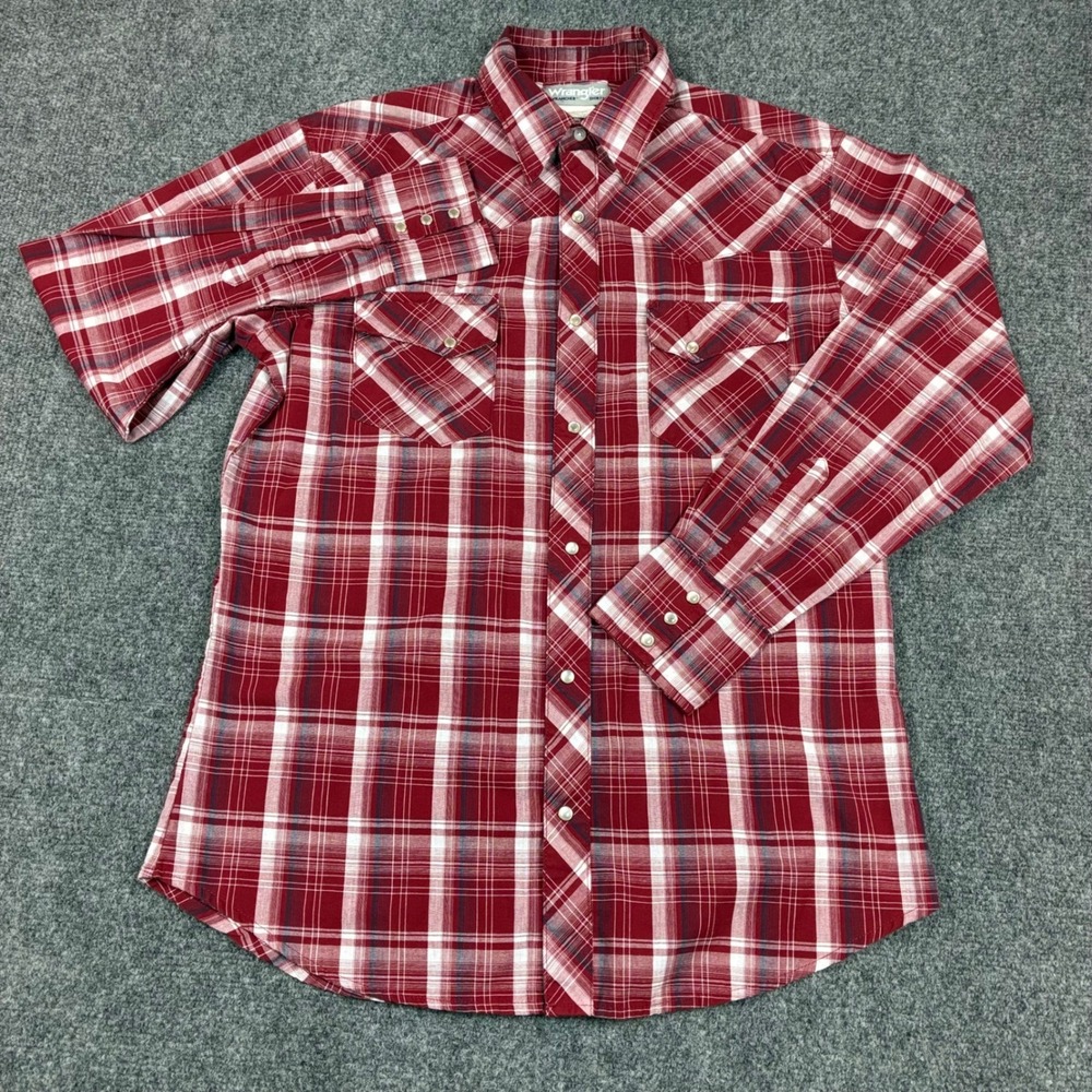 Vintage Wrangler Wrancher Shirts Mens Medium Red‎ Plaid Western Pearl Snap Shirt